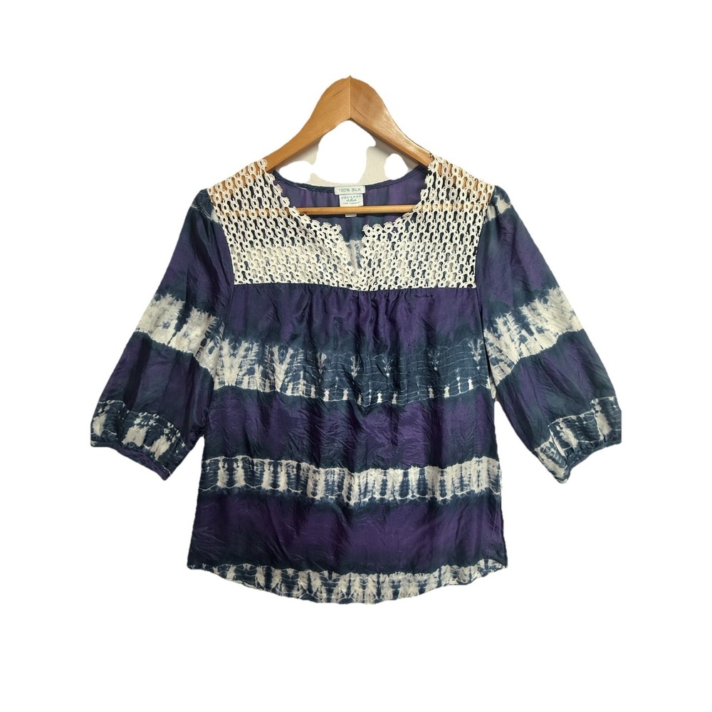 Calypso St Barth Women's Silk Blouse M Purple Blue Tie Dye Lace Boho Peasant Top